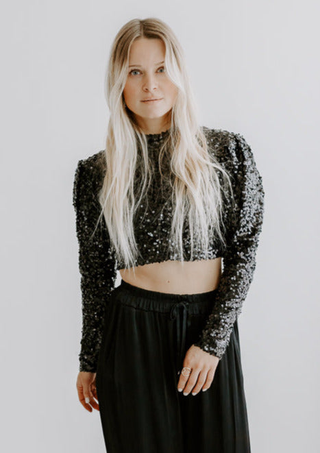 High Neck Glitter Crop Top All Black